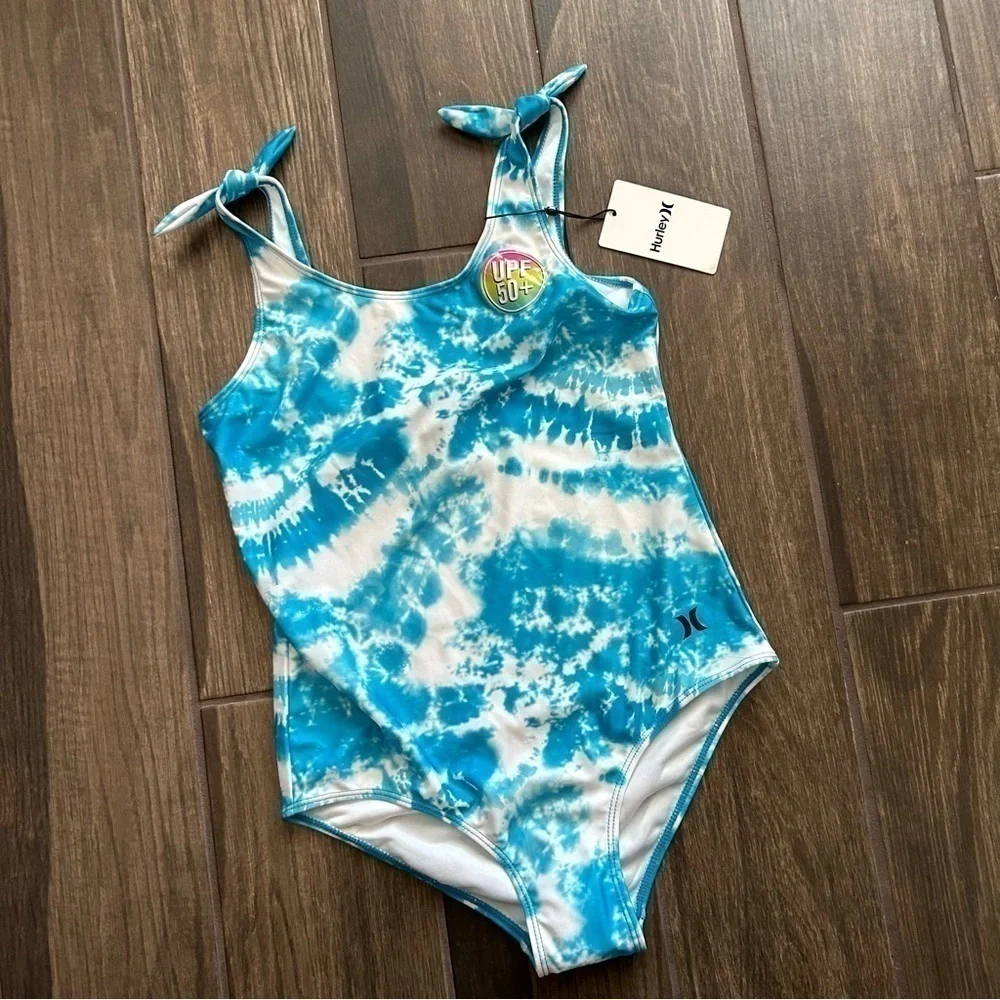 NWT Hurley Girls' Shoulder Tie One Piece Swimsuit in Blue Lagoon Sz L